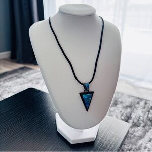 Blue Opal Inlay Triangle Pendant Necklace Black Cord Silver